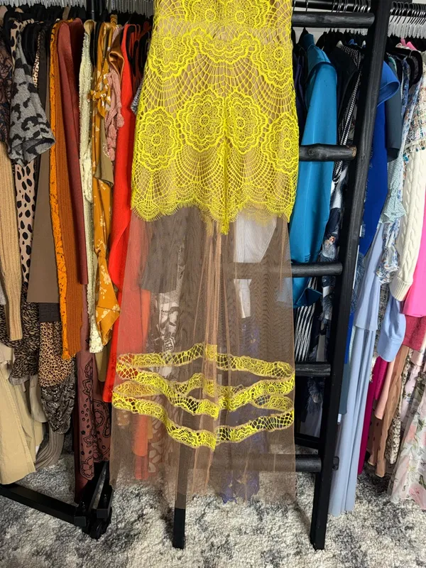 For Love Lemons Antigua Maxi Dress Chartreuse Lace Mesh Sheer Overlay Womens XS - Image 6