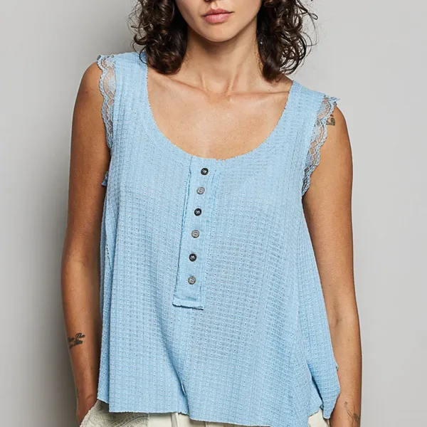 POL Textured Knit Round Neck Tank with‎ Lace Detail - Image 2