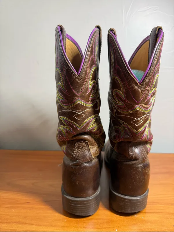 Ariat Womens Square Toe Dark Brown Cowgirl Boots Leather Western Purple Trim 8.5 - Image 7