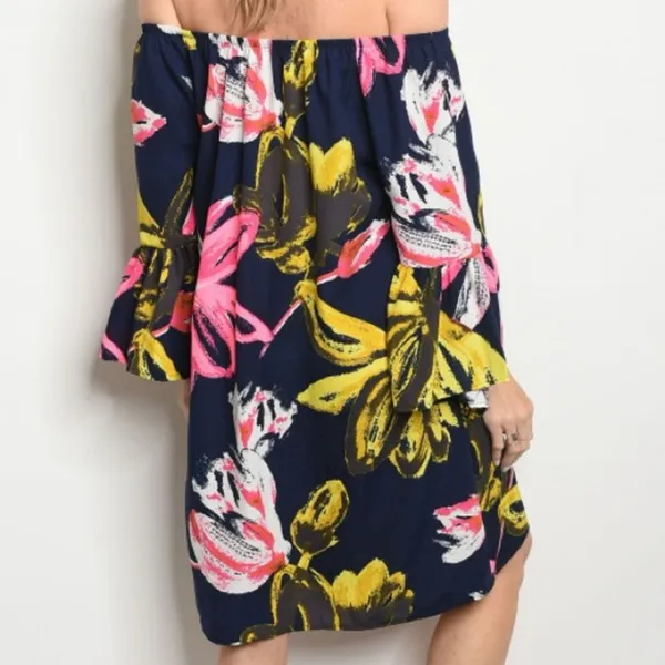Navy Floral Off Shoulder Bell Sleeve Tunic Shift Mini Dress Size M - Image 4