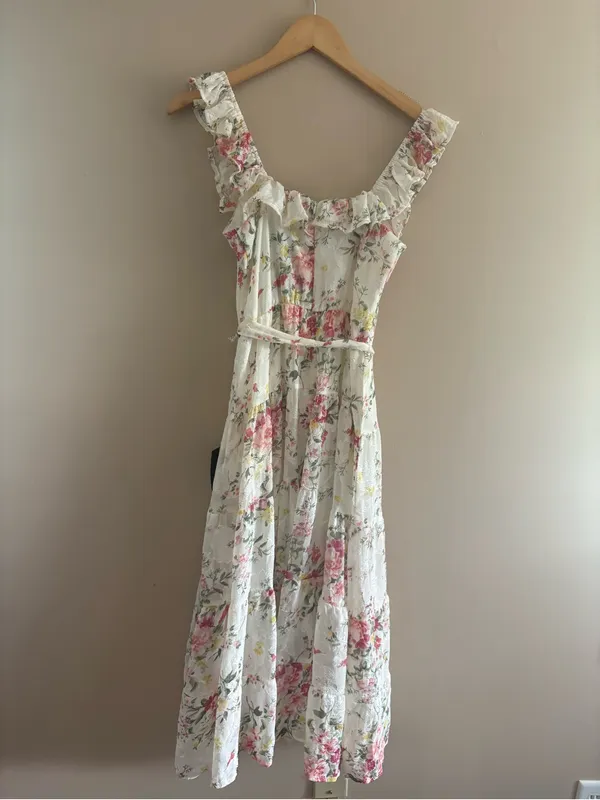 Lulus Shela Ivory Floral Jacquard Tiered Midi Dress Size Small Sleeveless Flirty - Image 5