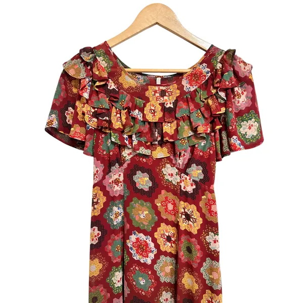 Urban Outfitters patchwork quilt print Ruffle Trim red multicolor maxi‎ dress XS - Image 3