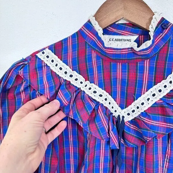 Vintage 70s Plaid Prairie Blouse Eyelet Lace‎ Victorian Revival High Neck Ruffle - Image 5