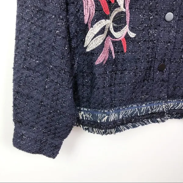 Foxiedox Floral Embroidered Fringe Tweed Jacket Dark Blue Women's Size Medium - Image 4