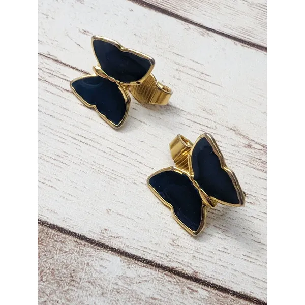 Vintage Clip On Earrings - Black & Gold Tone Butterfly - Clip Repair Needed - Image 3