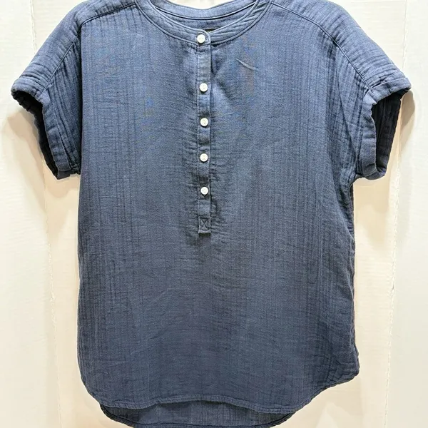 Quince Organic Cotton Gauze Roll Sleeve Shirt Indigo Blue Small Peasant - Image 3