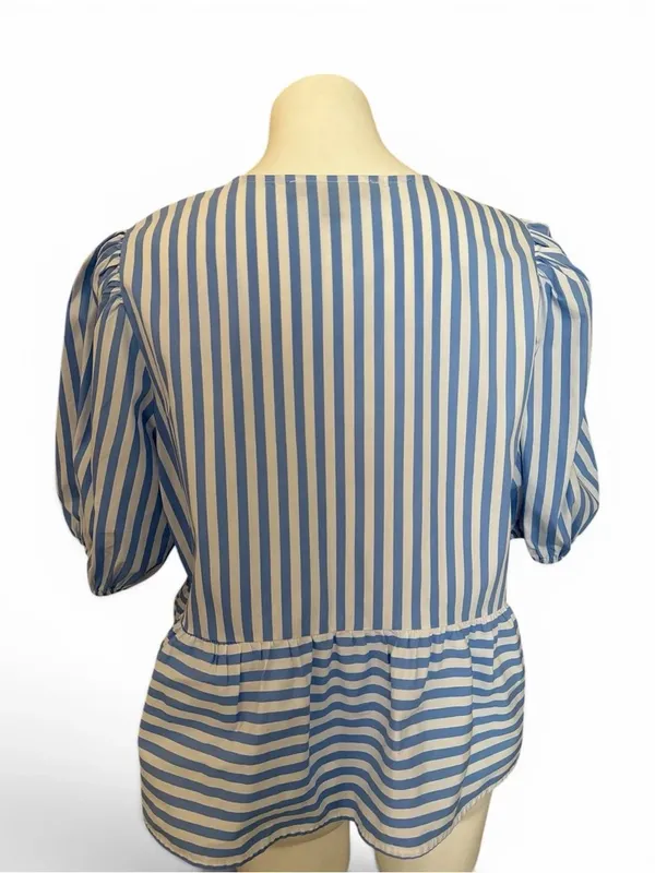 Blue and White Striped Puff-Sleeve Tie-Front Peplum Blouse - Image 4