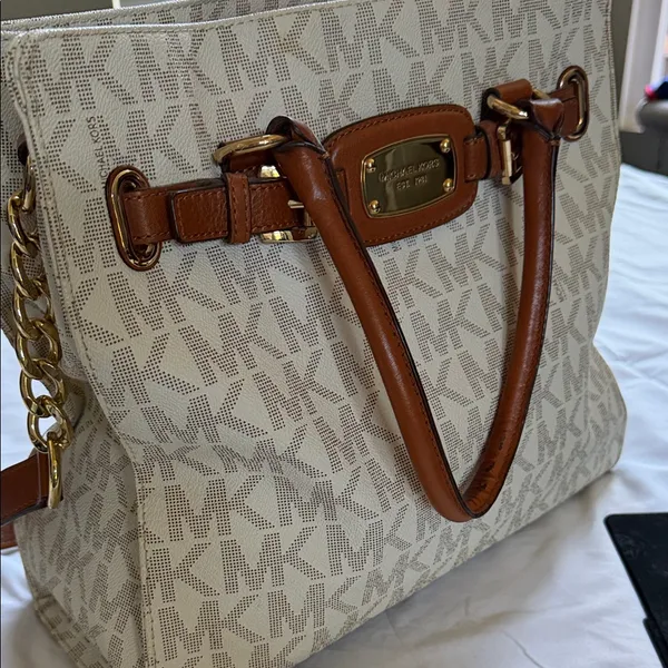 Michael Kors Cream and Brown MK Logo Tote with Gold Hardware - Image 2