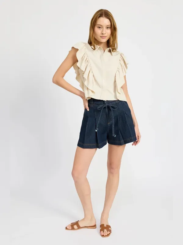 En Saison Nicola Denim Pleated Summer Shorts $88 Size Small - Image 2