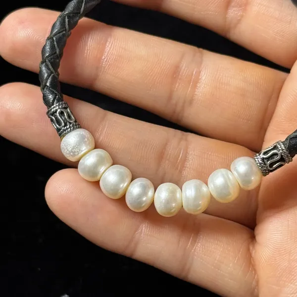 WJ Sterling Silver 925 Braided Black Leather Pearl Necklace Bracelet Jewelry Set - Image 6