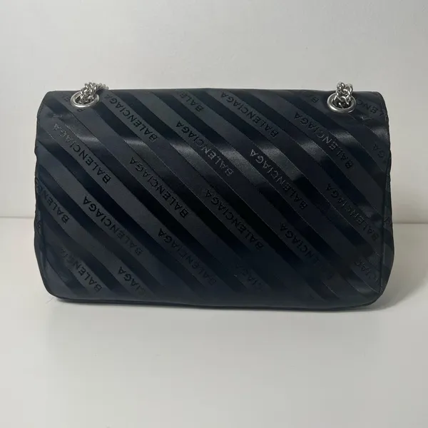 Balenciaga BB Satin Jacquard Black Logo Scarf Chain Shoulder Crossbody Bag Purse - Image 9