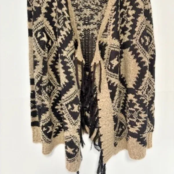 Cato Womens Beige Black Gold Metallic Open Front Cardigan Geometric Tassel Drape - Image 2