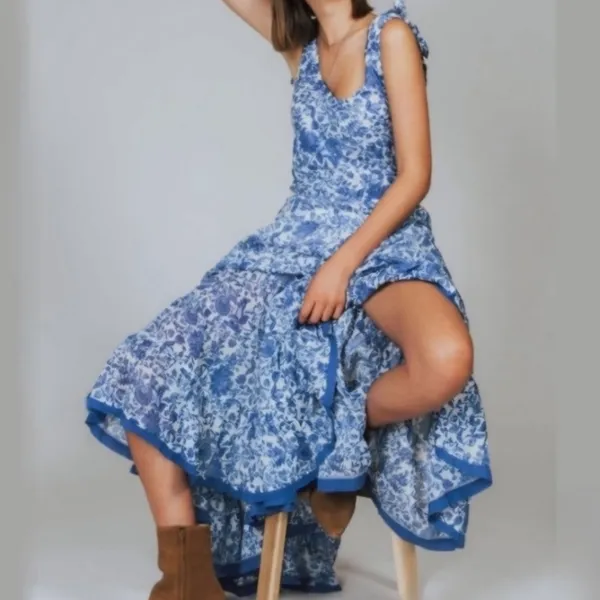 FREE PEOPLE Kikas Blue And White Floral Tie Shoulder Maxi Dress Size Medium - Image 11