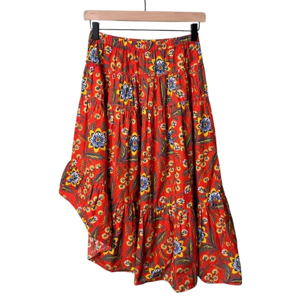 Joie Clarke Floral High Low Midi Skirt Salsa Orange Red Blue Yellow Size XS - Image 5