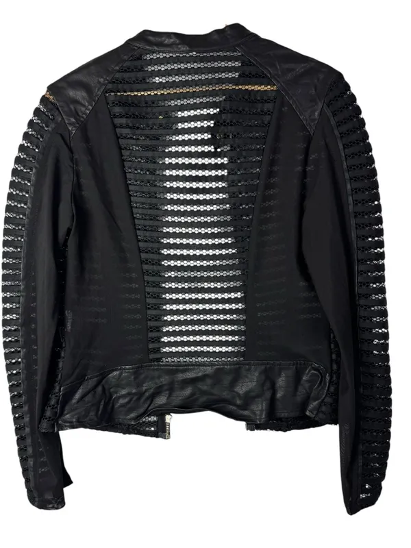 Kate & Mallory Black Mesh & Faux Leather Mixed Media Shell Bomber Jacket S‎ - Image 2