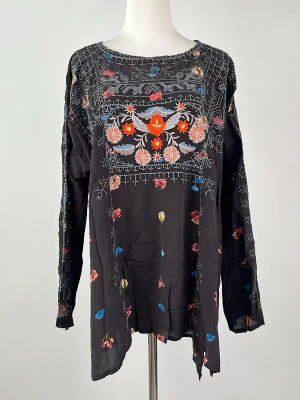 NWOT Johnny Was Biya Silk Embroidered Floral Boho Shirt Blouse Black Sz L - Image 2