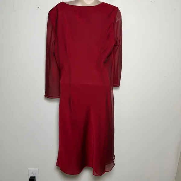 Donna Ricco Women Babydoll Dress Red Sheer Ruched Midi Burgundy Draped Flare - Image 3