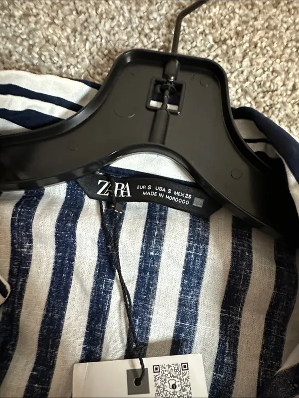 Zara Striped Linen Blend Button-Front Midi Dress Waist Tie - Navy & White - Image 7