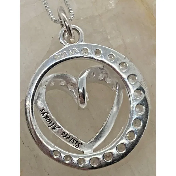 Open Heart Sisters Always CZ Pendant Sterling 925 Silver 18'' Necklace 4g Dainty - Image 6