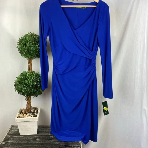 Ralph Lauren Blue Long Sleeve Faux Wrap Bodice Midi Dress NEW 6 - Image 2
