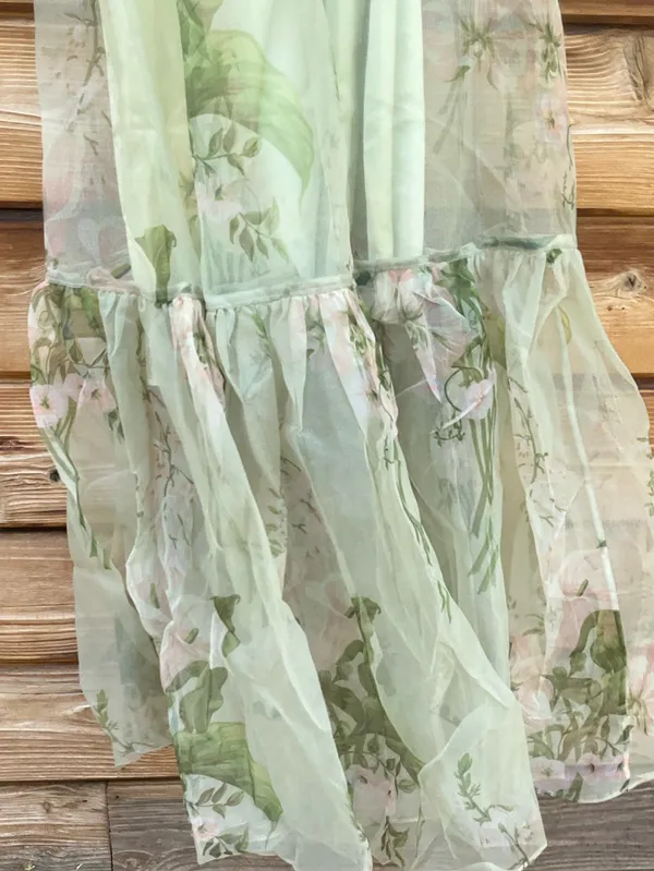 CAARA Melody Size M Green Floral Tie Neck Ruffle Hem Gown Dress Few Moda - Image 8