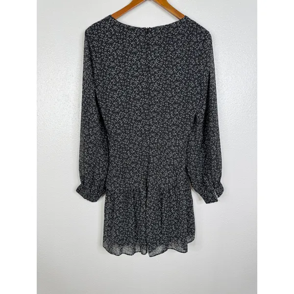 Lulus Black Floral Long Sleeve Mini Dress V-Neck Ruffle DAE24978DL Size M NEW - Image 2