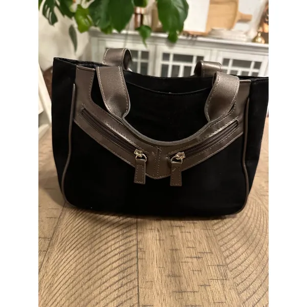Vintage Y2K Black Suede Mini Tote‎ - Metallic Pewter Trim & Moto Zipper - Image 3
