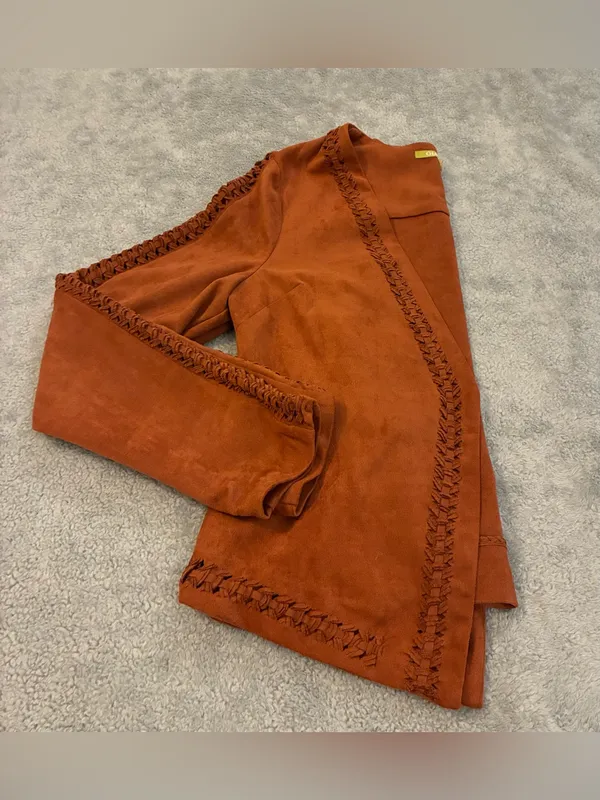 Gianni Bini Rust Suede Open-Front Jacket with Braided Trim Size Small - Image 5