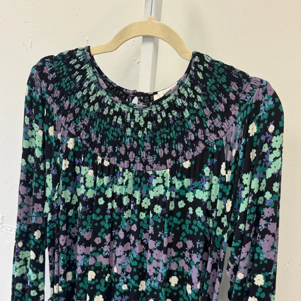 LOFT Floral Smocked Long Sleeve Flowy Mini Dress with Tie Black Green Purple Med - Image 3