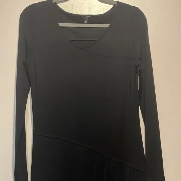 Talbots- Black Wool Blend Long Sleeve Side Ruched Faux Wrap Midi Dress- Size XS - Image 4