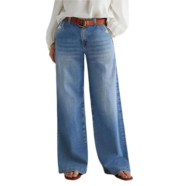 Flamingals Sz 2XL Wide Leg Jeans Mid Waist Baggy Stitch Decor Washed Pants New - Image 14