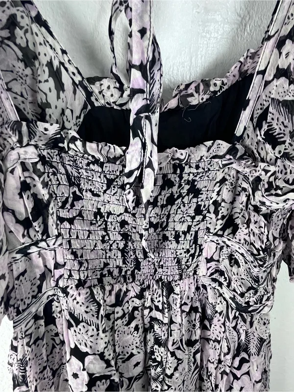 ANTHROPOLOGIE Black Squareneck Sheer Puff Sleeves Smocked Back Tie Midi Dress XS - Image 11