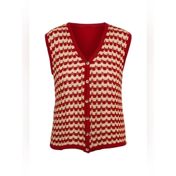 Source Unknown Damson Madder crochet sleeveless cardigan top red and ivory checkered pattern - Image 10