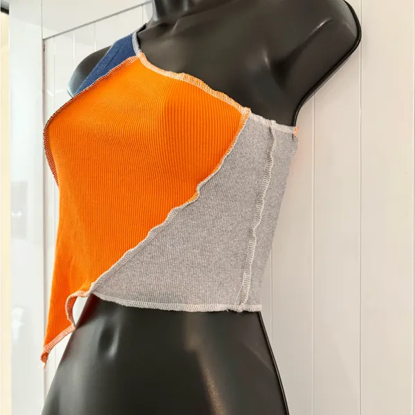 Colorblock Asymmetrical Knit Top Orange Size M - Image 5