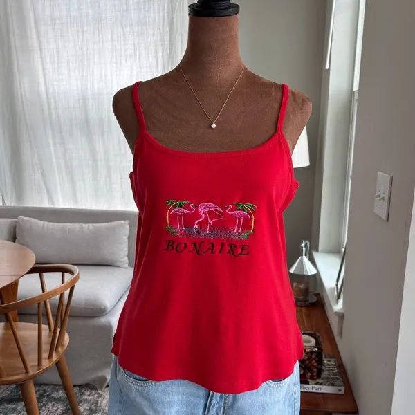 90s Vintage‎ Island Expressions Bonaire Red Tank Top Embroidered Cami Y2K XXL - Image 2