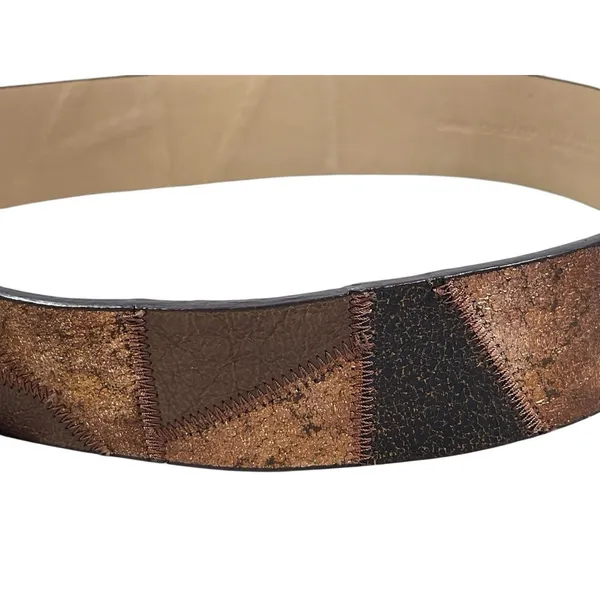 Y2K Chico’s Brown Patchwork Wide Belt M Rhinestone Geometric Buckle Boho Western - Image 3