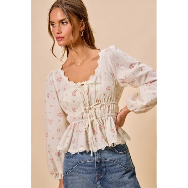 SO ME Floral Clip Dot Lace Trim Ruched Bodice Blouse - White - Medium - Image 9