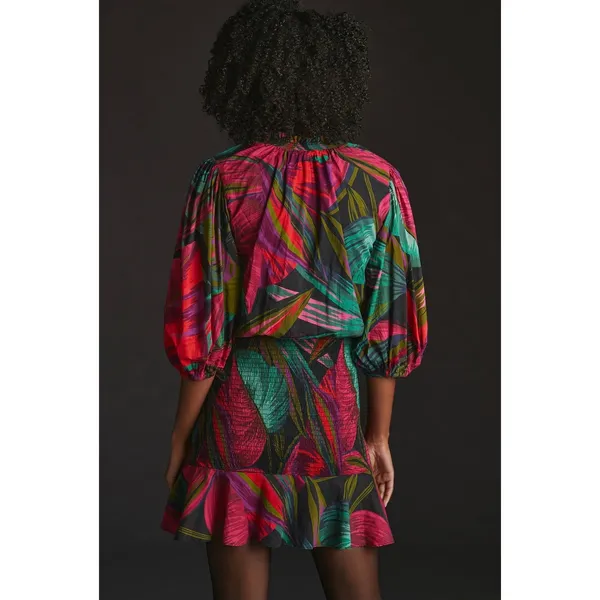 Farm Rio Tropical Palm‎ Leaf Smocked Puff Sleeve Mini Dress XL Vacation Resort - Image 10