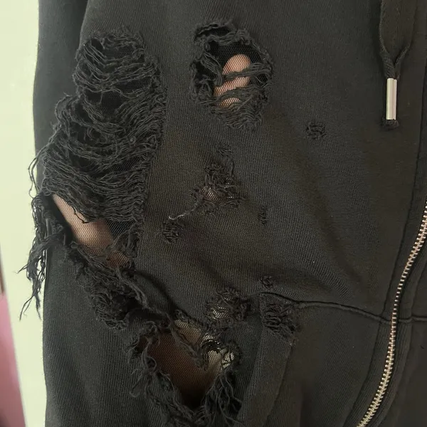 True Religion Full Zip Up Distressed Destroy Hoodie Black Ripped Mesh Goth Emo - Image 7