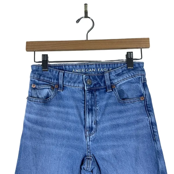 American Eagle High Rise Flare Solid Jeans Blue Retro Boho Stretch Size 000 - Image 2