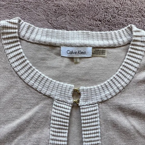 Calvin Klein Womens Beige Bell Sleeve Cropped Cardigan Sweater Size Large - Image 3