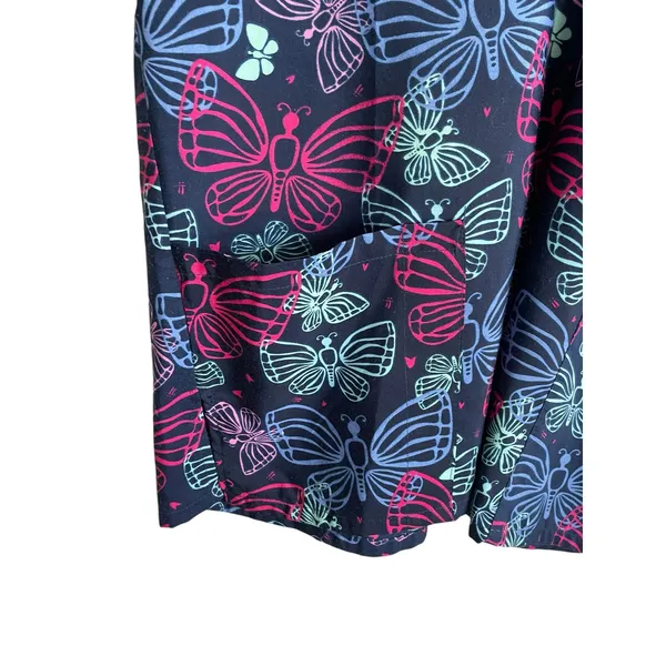 Shana‎ Women Scrub Top L Navy Butterfly Medical Uniform Nurse Workwear Dental - Image 6