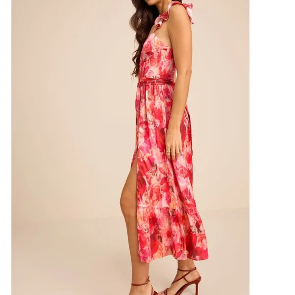 NEW Lulus Sweet Like Sangria Pink Floral Ruffled Bustier Tie Midi Dress Small - Image 3