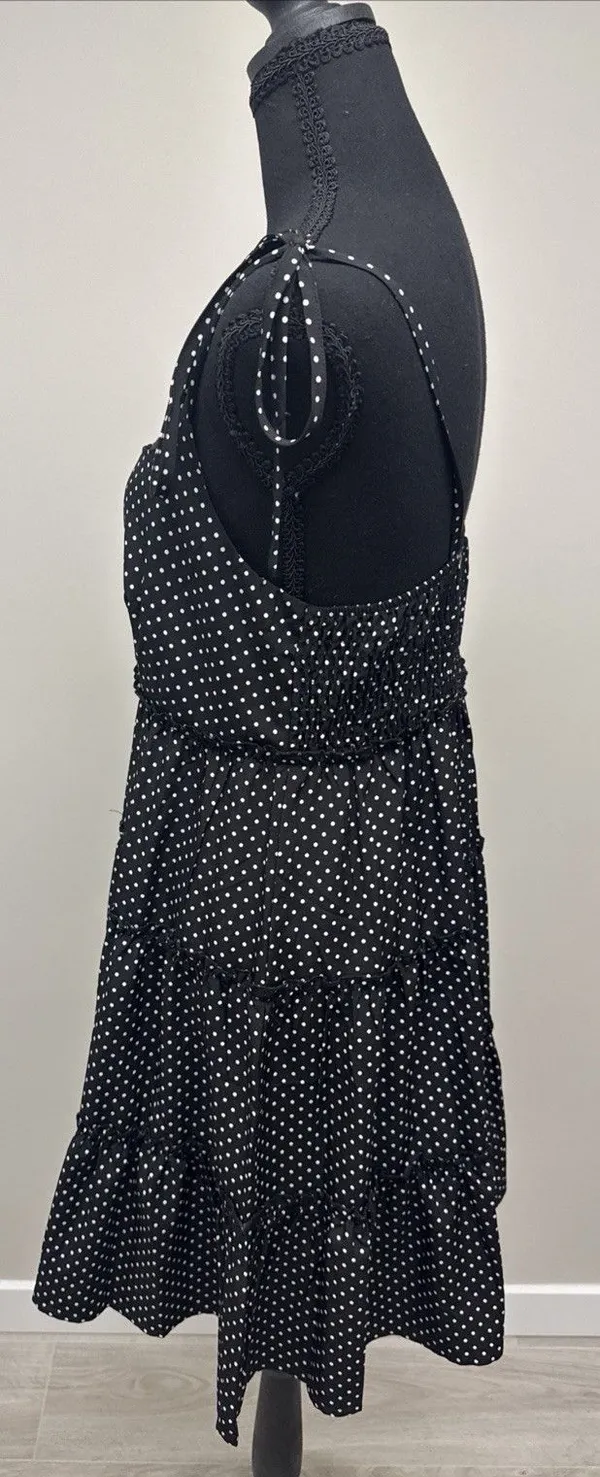 Greath Black White Polka Dot Tiered Midi Dress Tie Strap Womens Medium - Image 2