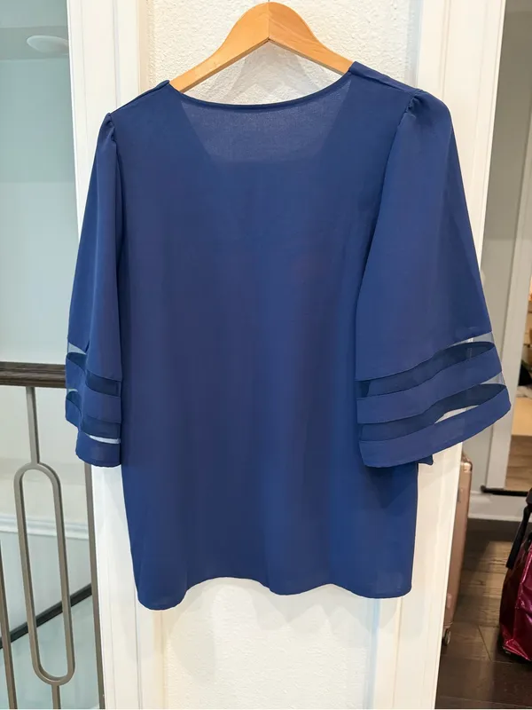 Blue V-Neck Blouse Mesh Inset Bell Sleeves Size Large - Image 3