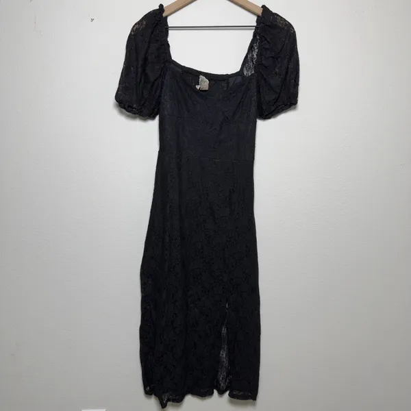 H&M Women Whimsigoth Vamp Babydoll Dress Small Black Lace Square‎ Neck Midi Slit - Image 2