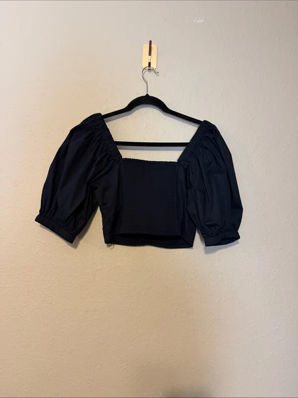 Abercrombie & Fitch Square Neck Ruched‎ Puff Sleeve Top Black Size Small NWT - Image 6