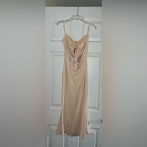 Oh Polly Julane Slinky Jersey Ruched Cut-Out Midaxi Dress in Buttercream Size 4 - Image 9