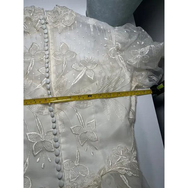 Vintage 80s‎ Victorian Revival Wedding Dress Ivory High Neck Sheer Lace Illusion - Image 14