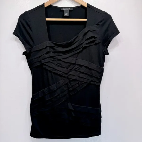 White House Black Market Black Top Crisscross Layered Asymmetric Neckline Size S - Image 4